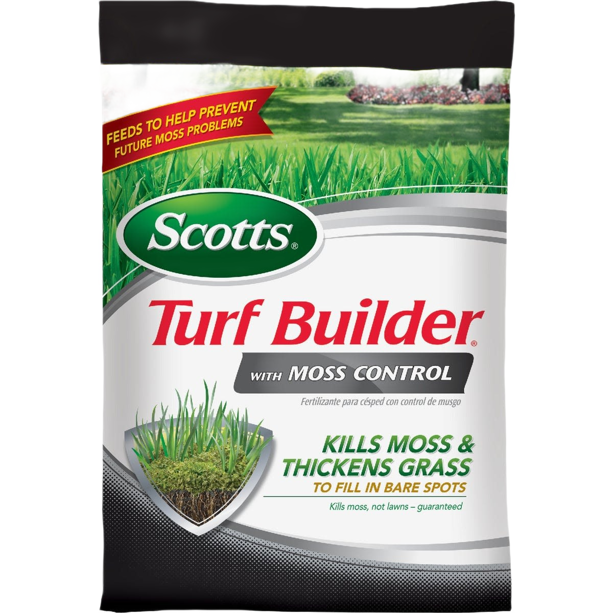 Bag of Scotts Turf Builder with Moss Control fertilizer for lawn care and moss prevention in turf and garden use