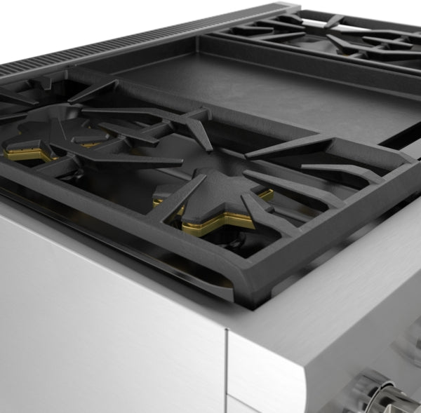 Close-up of heavy-duty stainless steel dual fuel range burner and grates from Ranges & Cooktops collection