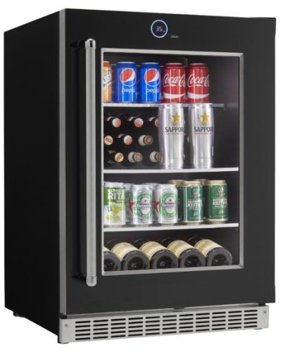 Black beverage and wine center with glass door, stainless steel handle, LED temperature display, and adjustable shelves in Refrigerators collection