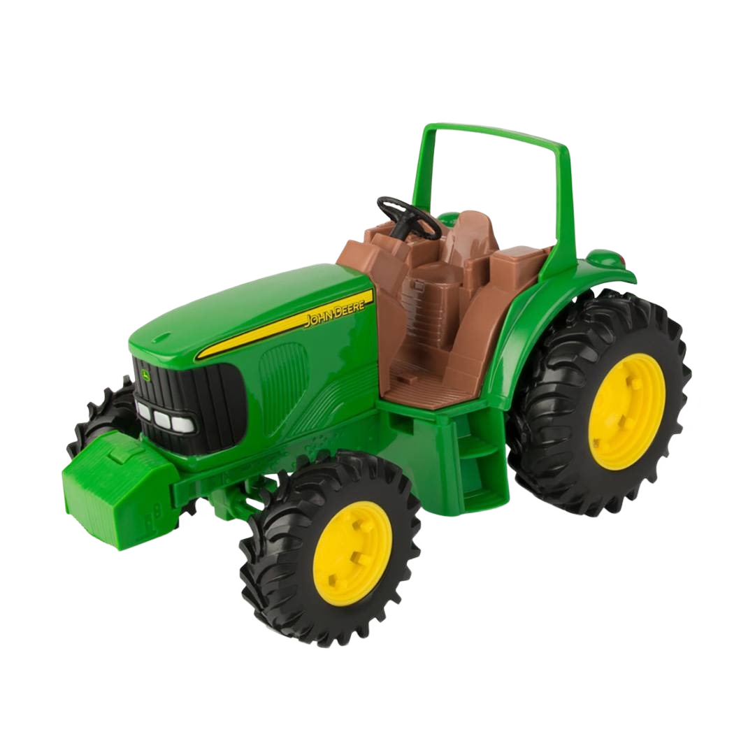 Green and yellow classic toy tractor with brown seat and realistic large tires for home and garden play use
