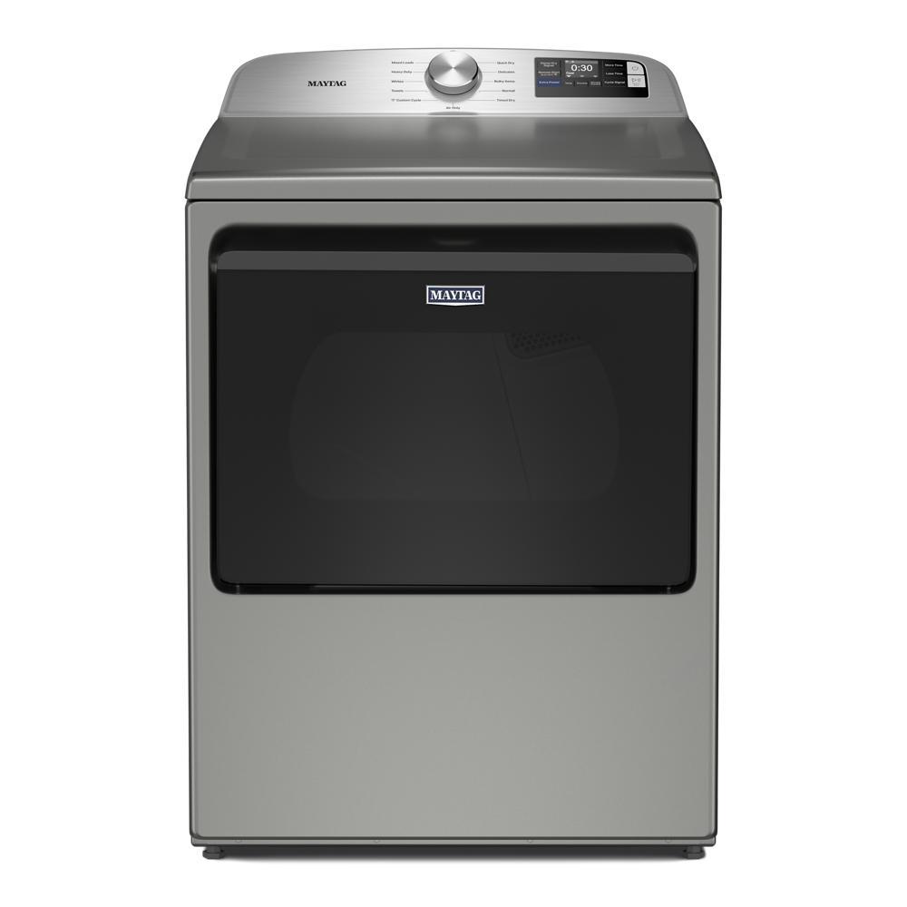 Front view of stainless steel electric dryer with digital controls and moisture sensing for home appliances collection