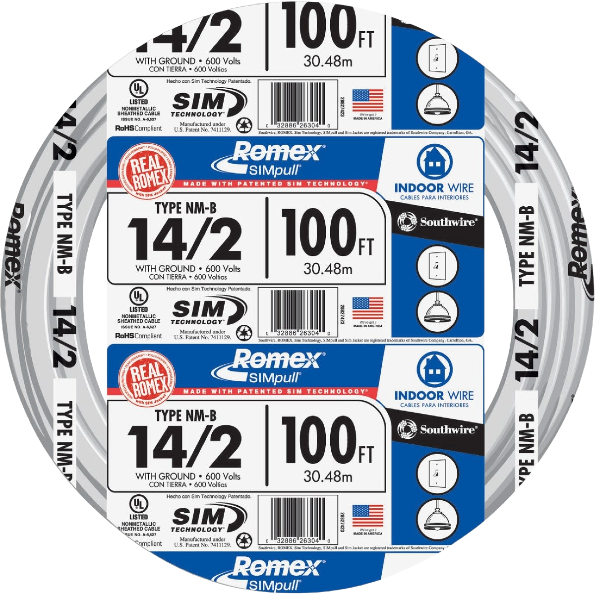 Spool of white 14-2 solid indoor wiring cable for electrical and building wire use, labeled for home improvement.