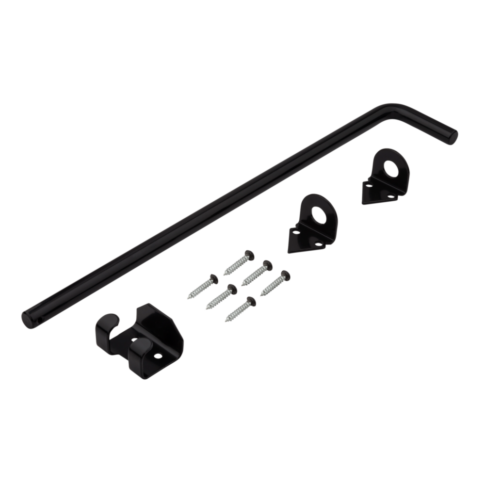 Black adjustable throw cane bolt with mounting brackets and screws for door and gate accessories and home improvement collections