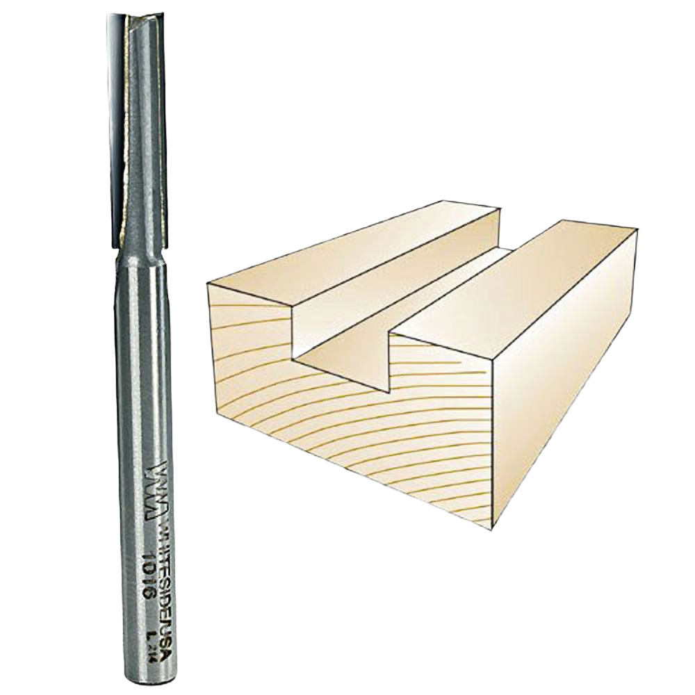 Carbide-tipped straight router bit with 1/4 inch shank for woodworking grooves in tool accessories and drill bits