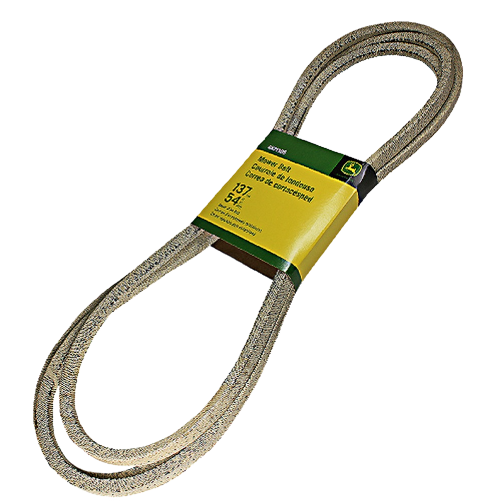 Mower drive section belt with textured surface and yellow John Deere label for equipment maintenance and repair tasks