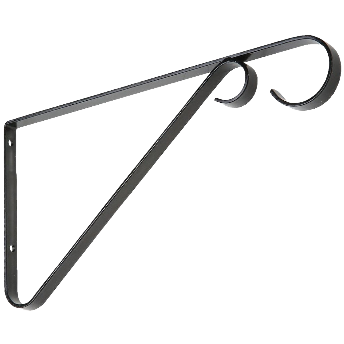 Black steel hanging bracket with decorative scroll design for shelving and storage organization in home improvement tools