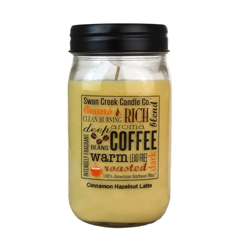 Jar candle with cinnamon hazelnut latte scent in glass container and black screw lid for home ambiance