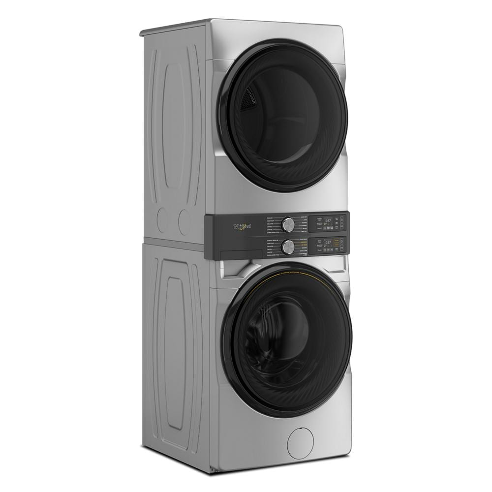 Tall front load laundry tower in stainless steel with stacked washer and electric dryer, featuring intuitive control knobs and digital displays, part of Washer/Dryer Combos, Dryers, Front Load Washers, and Appliance laundry centers collections.