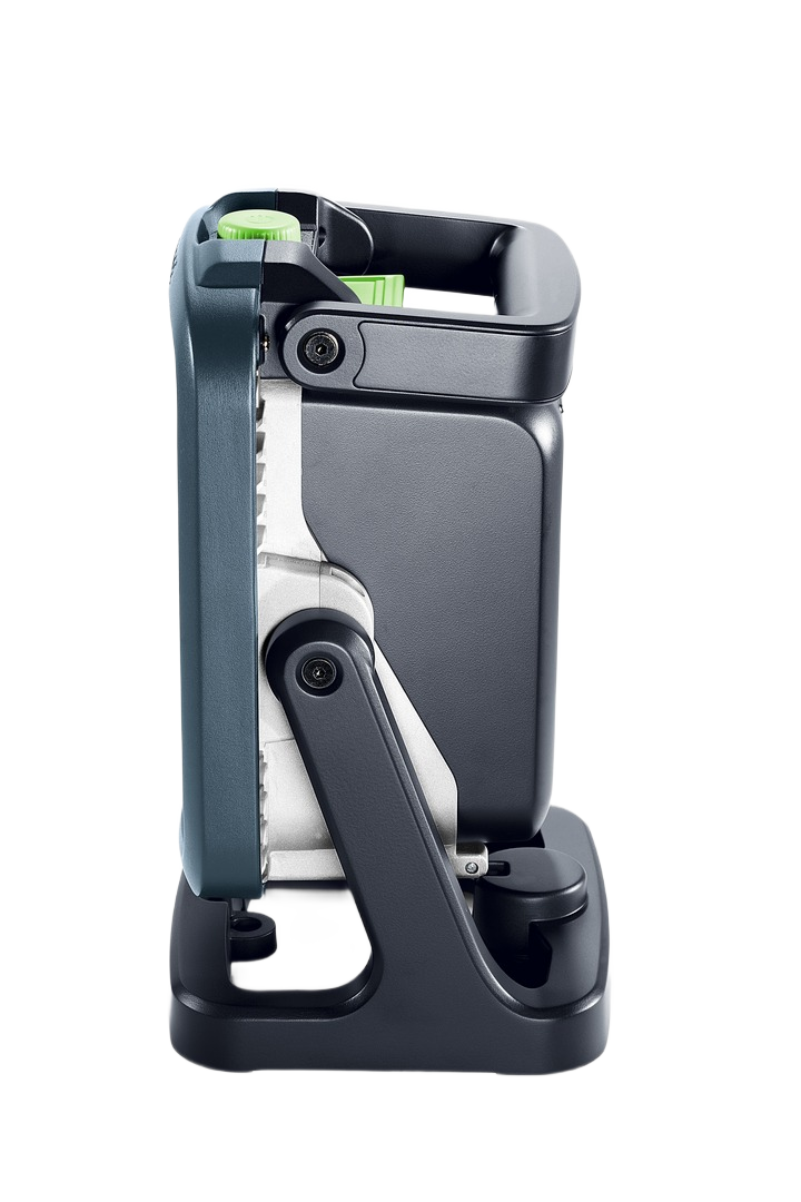 Portable cordless site light with dark housing and green control knob for versatile work lighting in tool collections