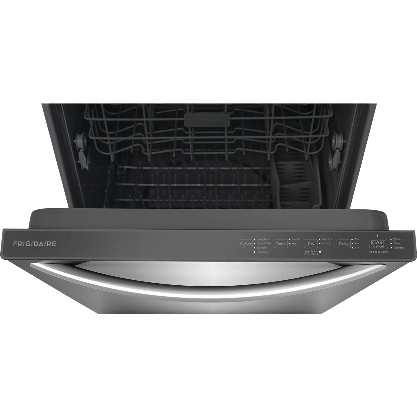 Open stainless steel built-in dishwasher with control panel and racks visible, kitchen appliance for home improvement.
