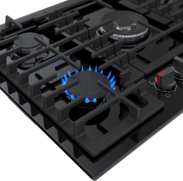 Black gas cooktop with multiple burners, one burner ignited with blue flame, featuring sturdy cast-iron grates