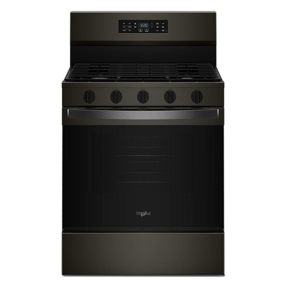 30-inch black gas range with five control knobs, digital touch display, and hinged grates from ranges collection