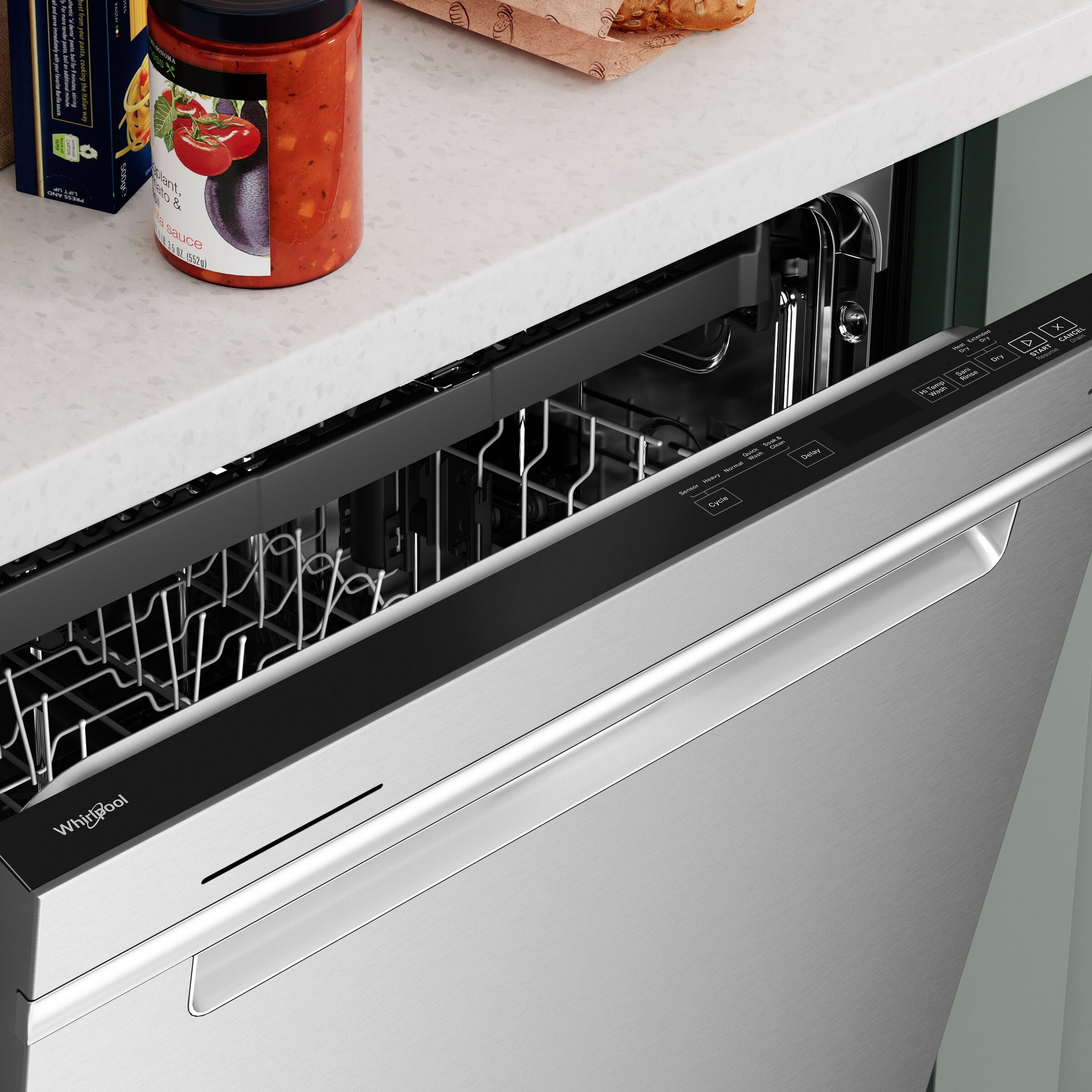 Partially open stainless steel dishwasher showing control panel and adjustable racks in modern kitchen setting
