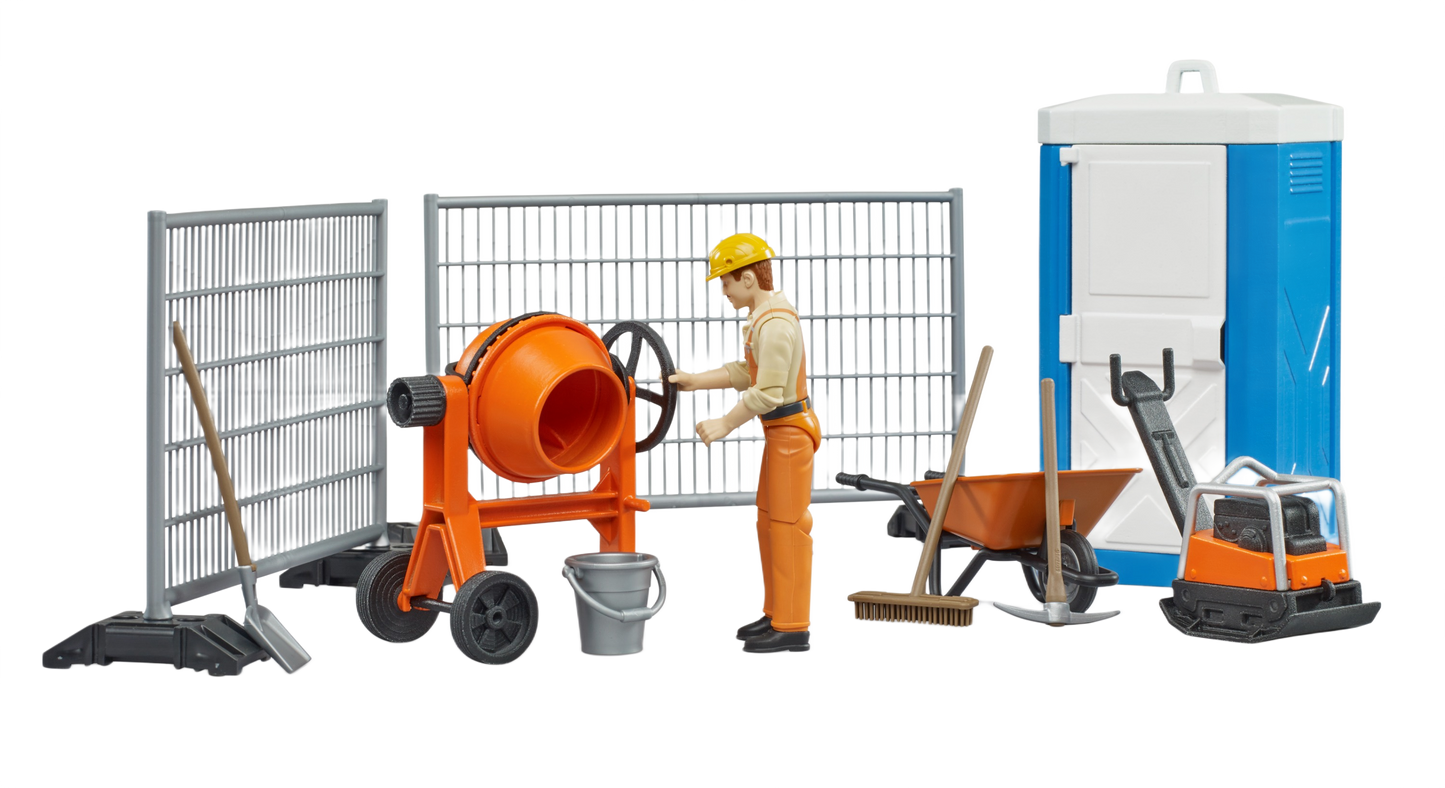 Miniature construction set with worker figure, cement mixer, wheelbarrow, fencing sections, portable toilet, and tools for play