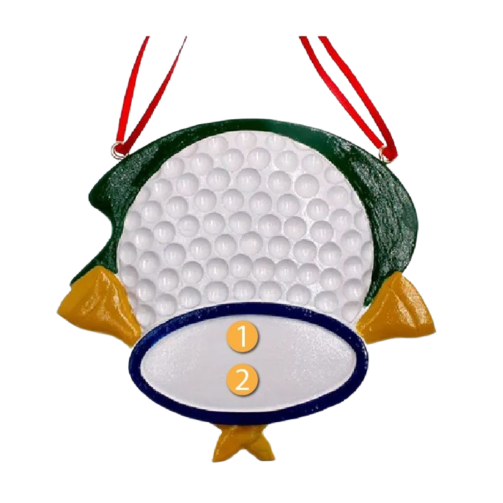 Golf-themed Christmas ornament featuring a dimpled ball design with yellow tees and a blue and white plaque