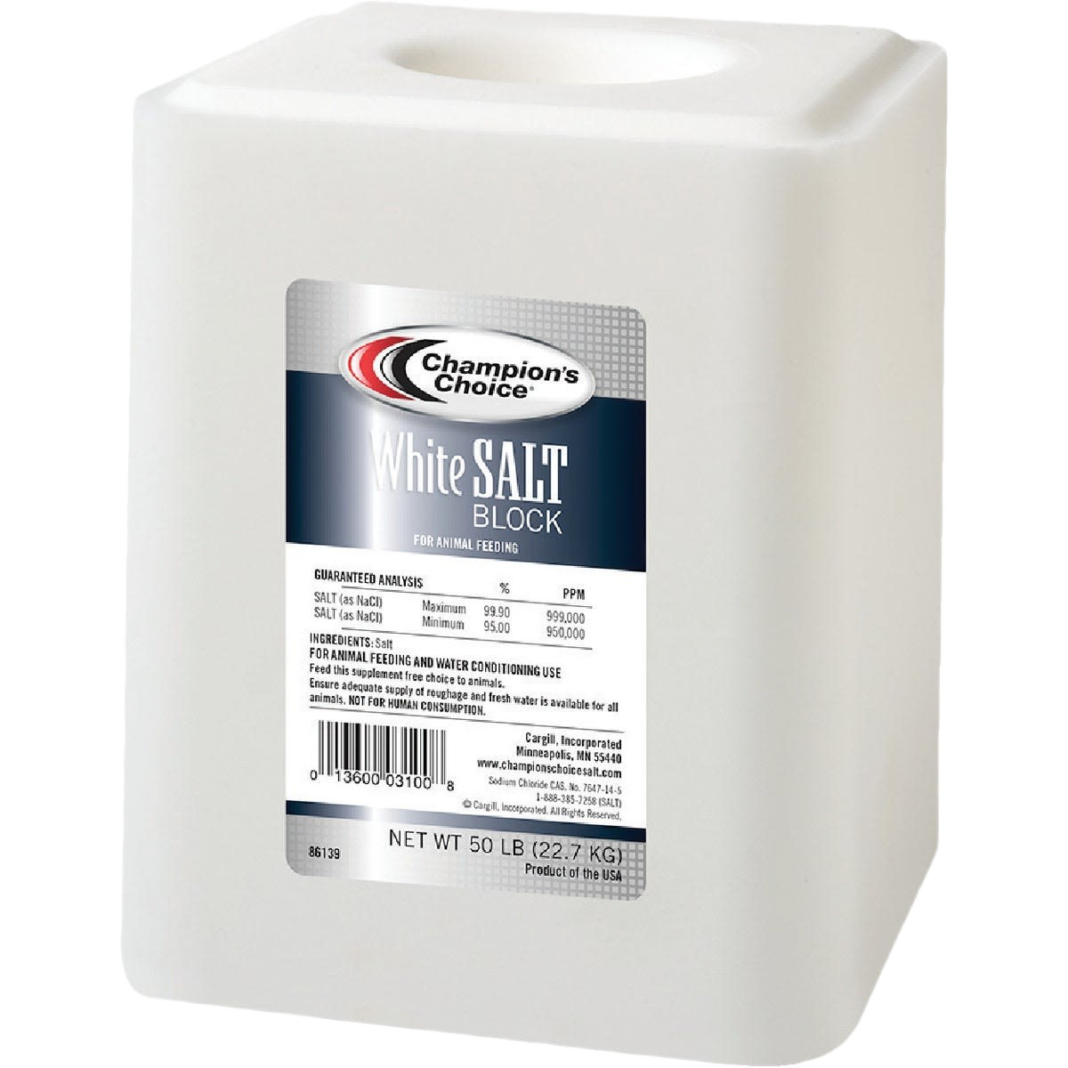 Large white salt block for animal feeding with printed label and smooth surfaces for farm and home use