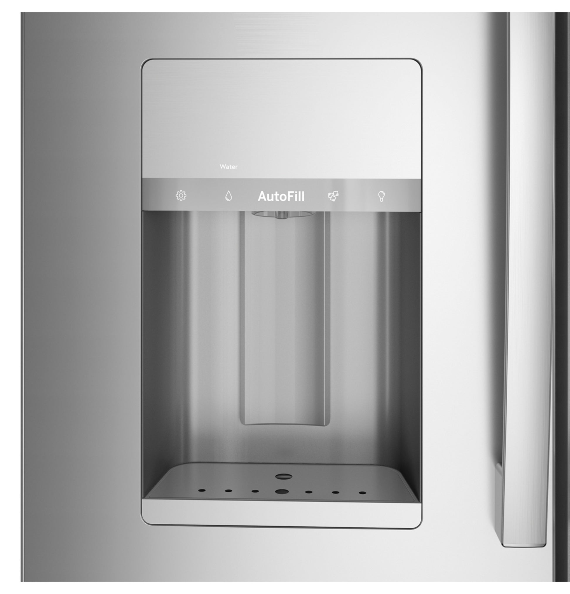 Stainless steel refrigerator water dispenser with AutoFill feature in modern kitchen appliances setting
