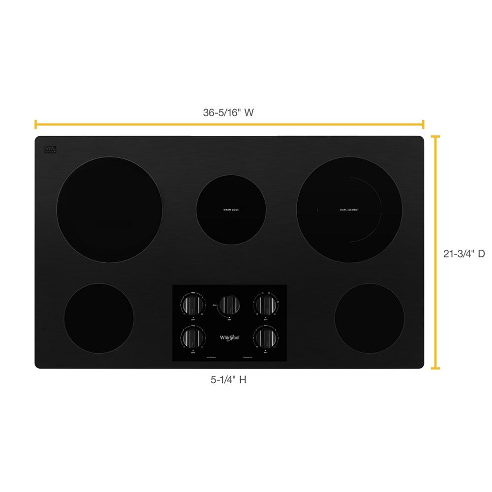 Black electric ceramic glass cooktop with five burners and central control knobs for kitchen and home improvement collections