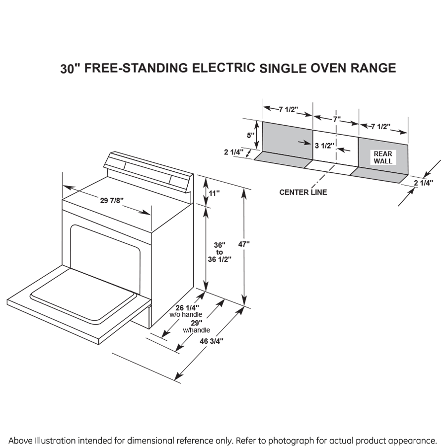 Line drawing showing dimensions and clearances for a 30-inch free-standing electric single oven range installation.