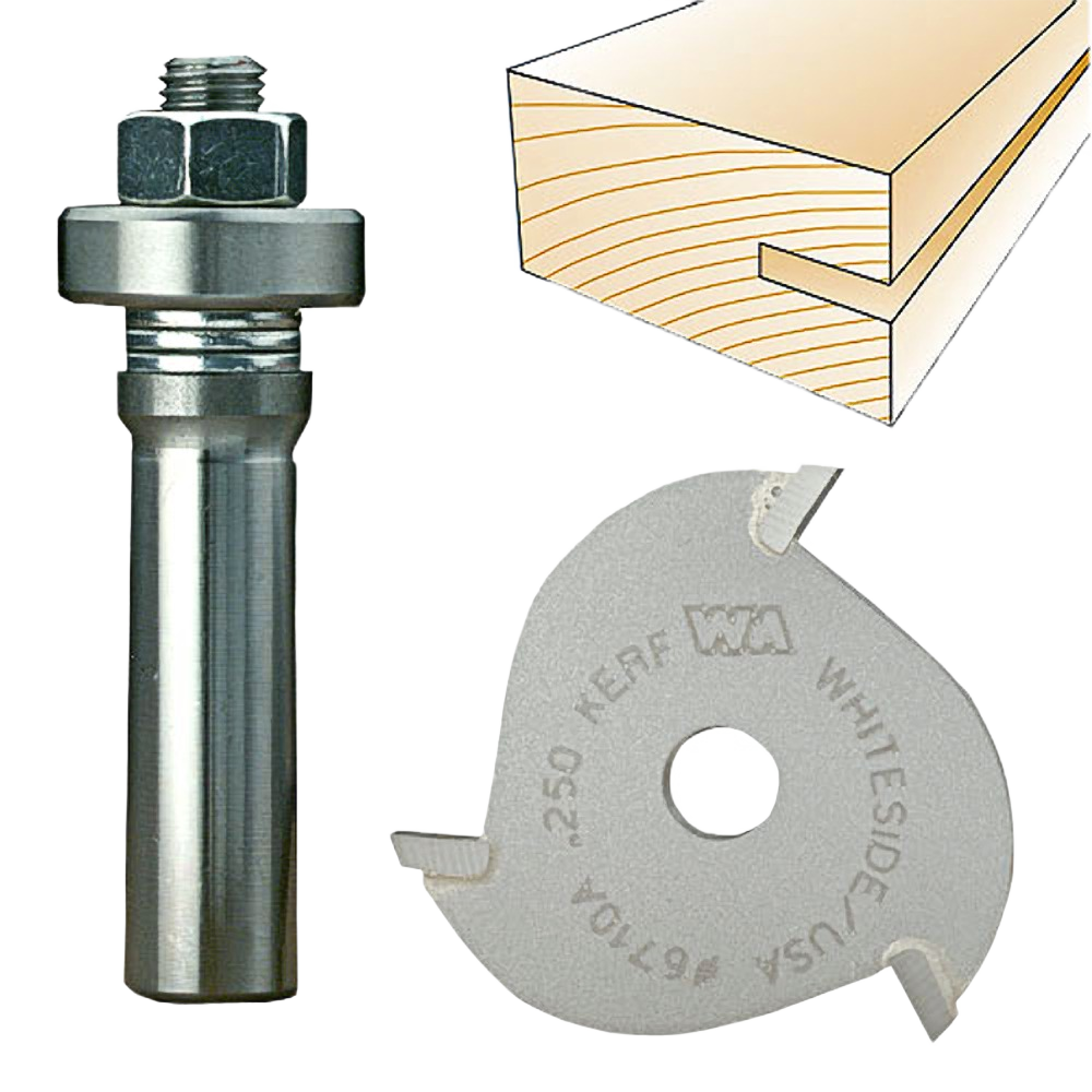 Carbide tipped slotting cutter arbor with 3-wing blade for precise wood groove cuts in tool accessories collections