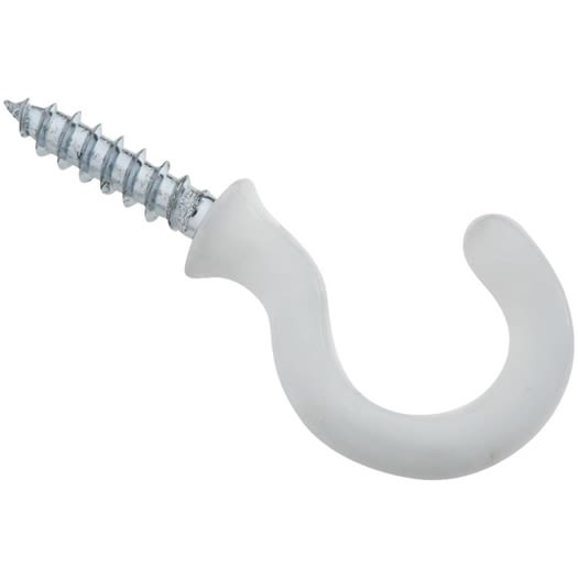 White vinyl coated screw-in cup hook for hanging items in home improvement and organization projects