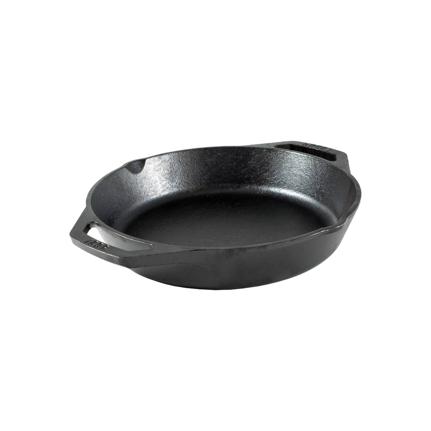 Black cast iron round pan with short side handles for versatile grilling and oven use in kitchenware collection under $50