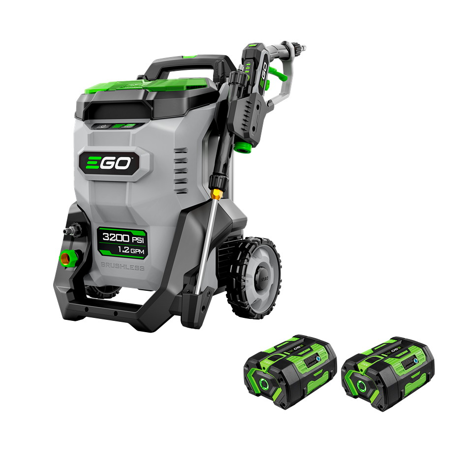 Gray and green cordless pressure washer with wheels, spray gun, and two rechargeable batteries for home improvement tasks