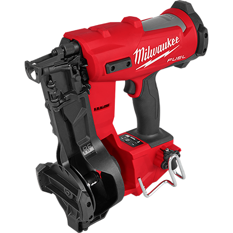 Red and black cordless coil roofing nailer with compact design and ergonomic grip for efficient home improvement projects