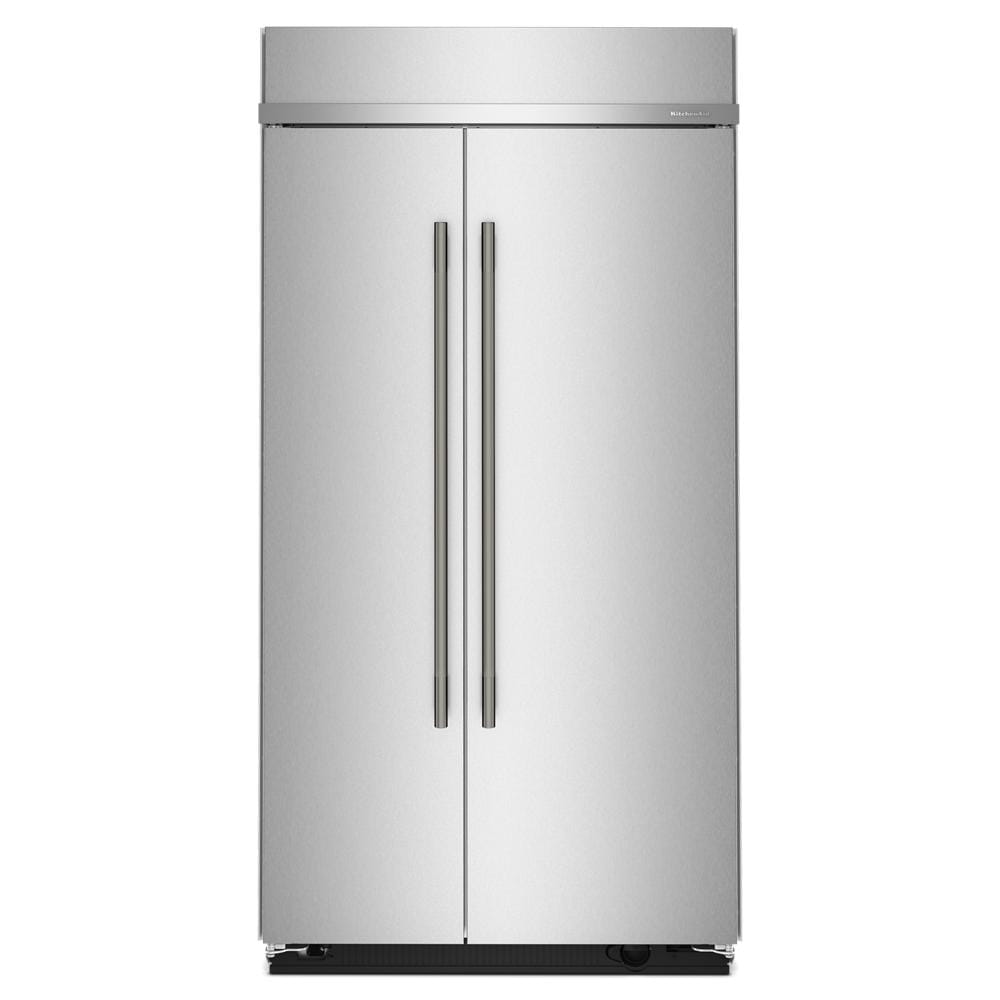 Built-in stainless steel side-by-side refrigerator with platinum interior and vertical handles in KitchenAid appliances collection