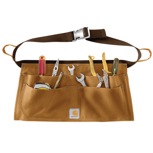 Medium brown cotton duck waist apron with multiple pockets holding hand tools for accessories and workwear collections