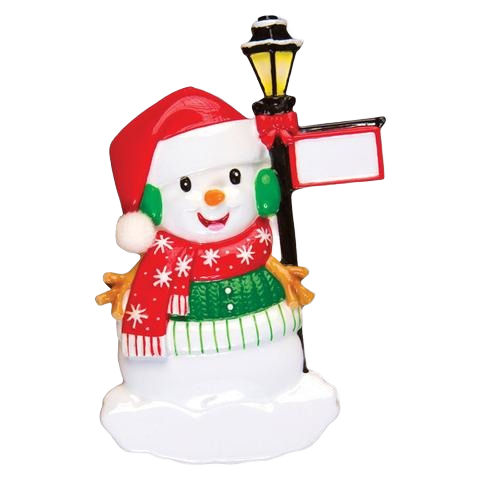 Festive snowman ornament with red Santa hat, green earmuffs, red scarf, and illuminated lamp post from Christmas collection