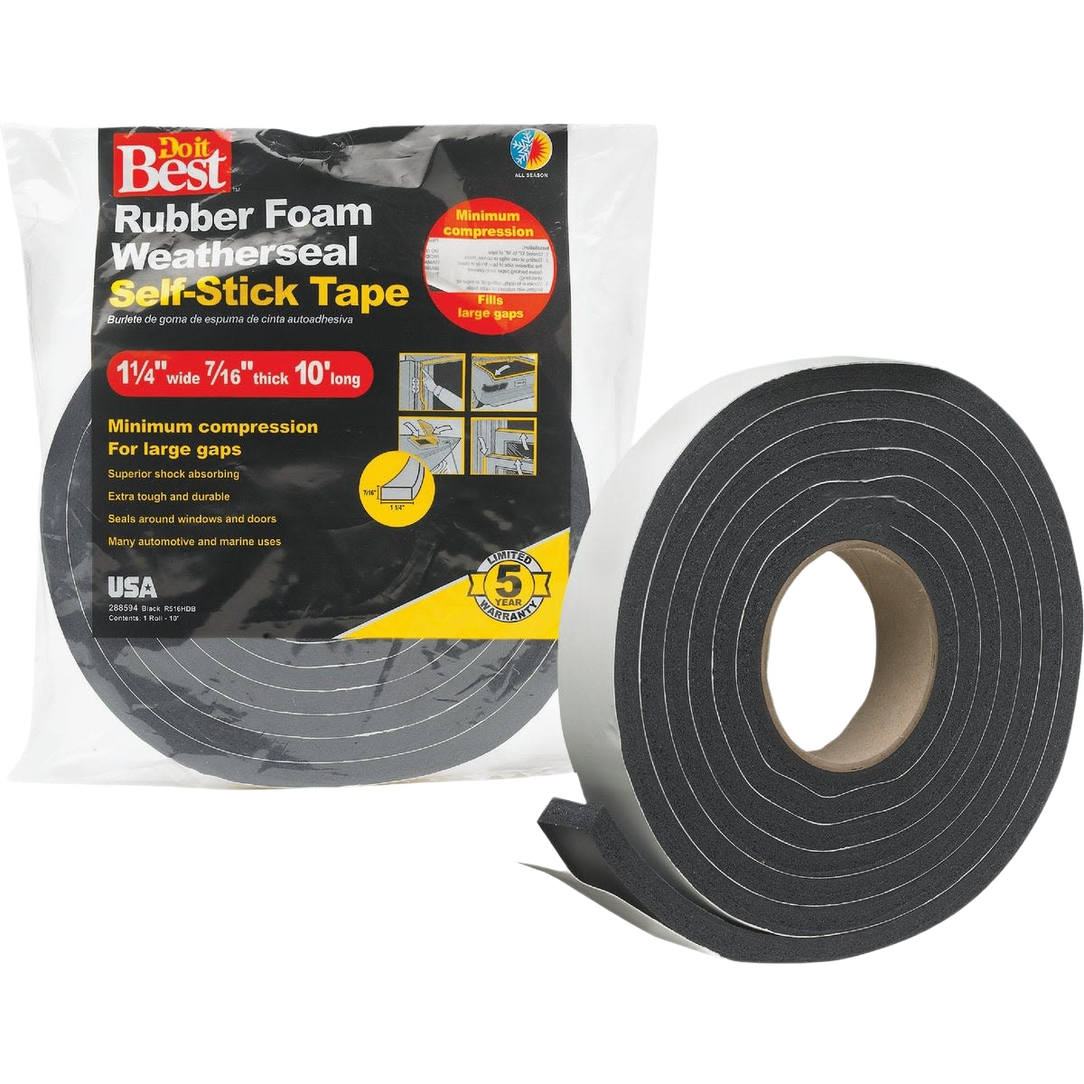 Black foam weatherstrip tape with self-adhesive backing for home improvement and hardware applications under $50