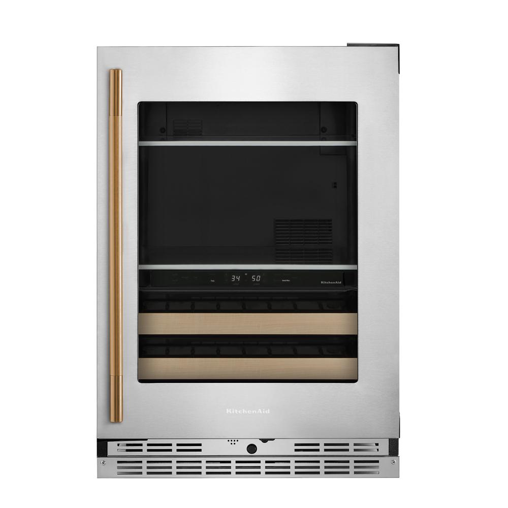 Undercounter stainless steel beverage center with glass door, wood racks, and temperature display in KitchenAid appliances collection