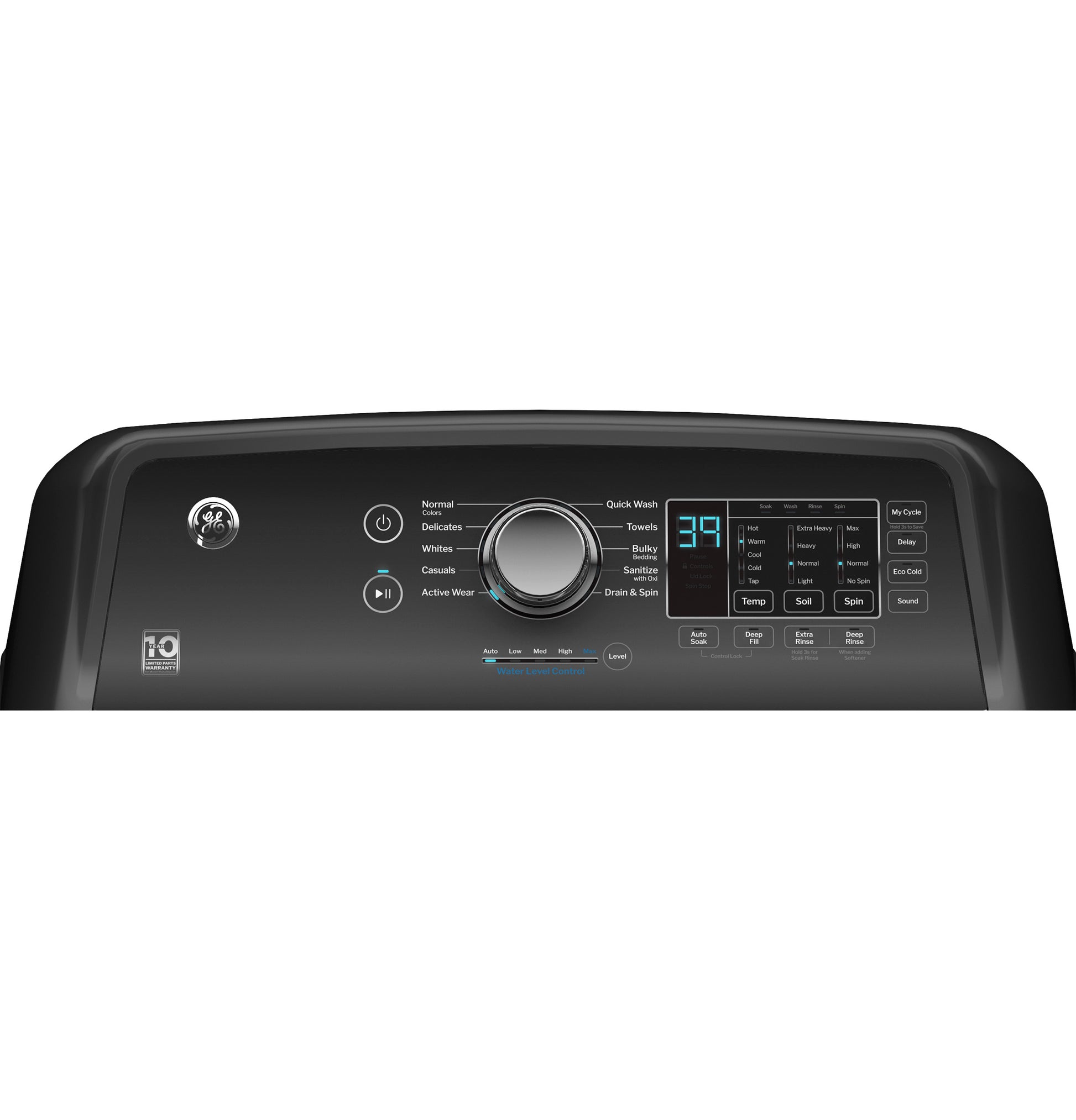 Black washer control panel with digital timer and cycle selector, part of washers and home improvement appliances collection
