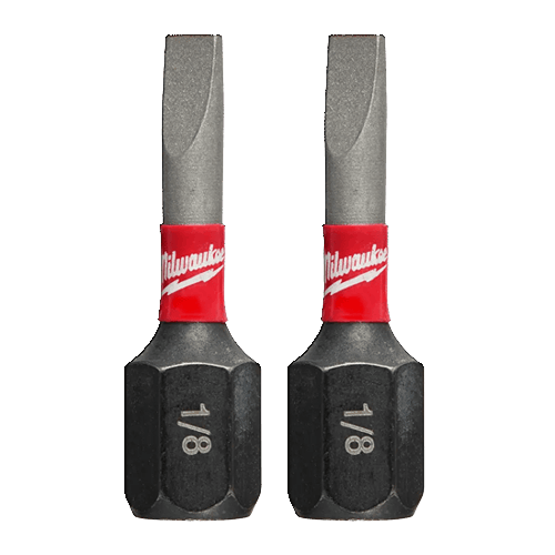 Two 1/8 inch impact slotted bits with red branding for use in power tool accessories and drill bit collections