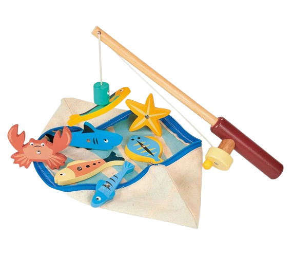 Wooden fishing toy set with colorful sea creatures and magnetic rod for pretend play in Toys & Games collection