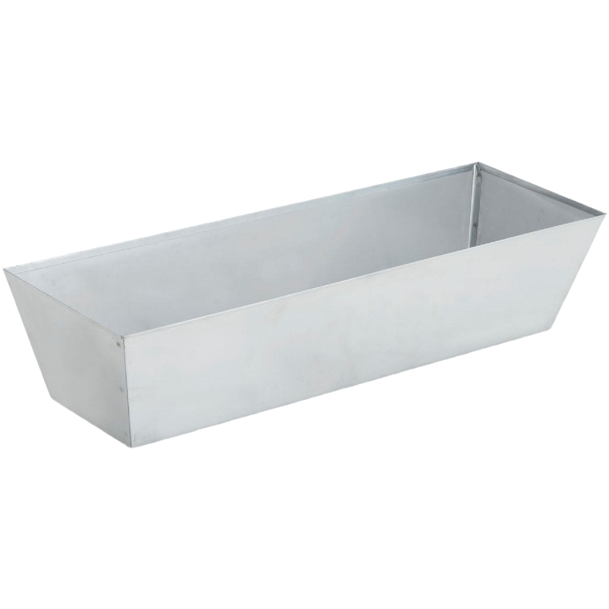 Rectangular stainless steel mud pan with angled sides for holding and applying drywall compound in home improvement projects