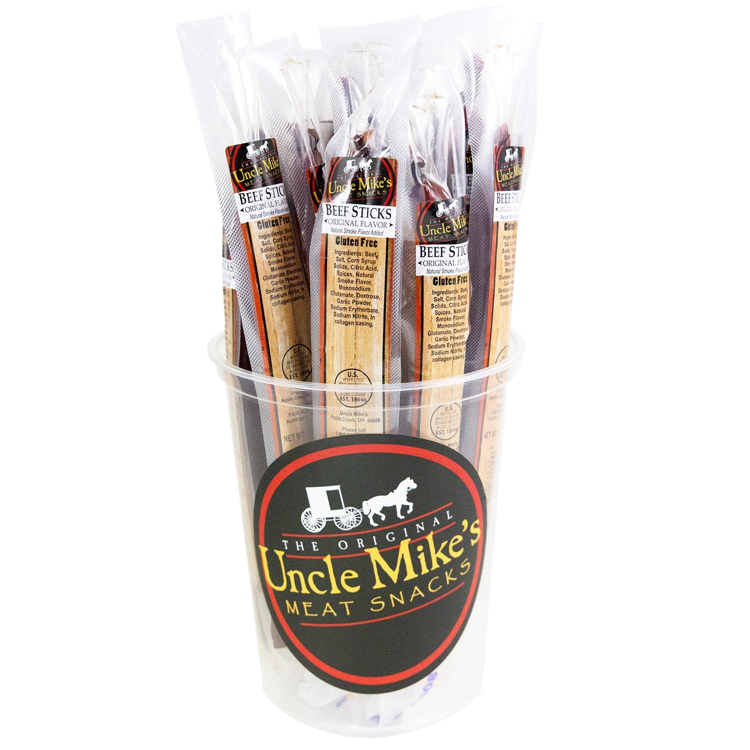 Clear plastic cup filled with individually wrapped savory meat sticks from a popular snacks collection under $50