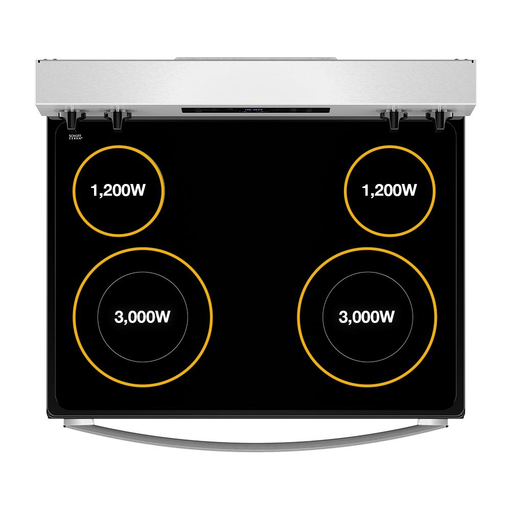 Top view of black electric cooktop with four electric burners highlighting 1200W and 3000W power levels.