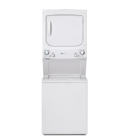White stacked washer and electric dryer unit with control knobs and pull handles, part of appliance laundry centers and washer/dryer combos at Hartville Hardware.