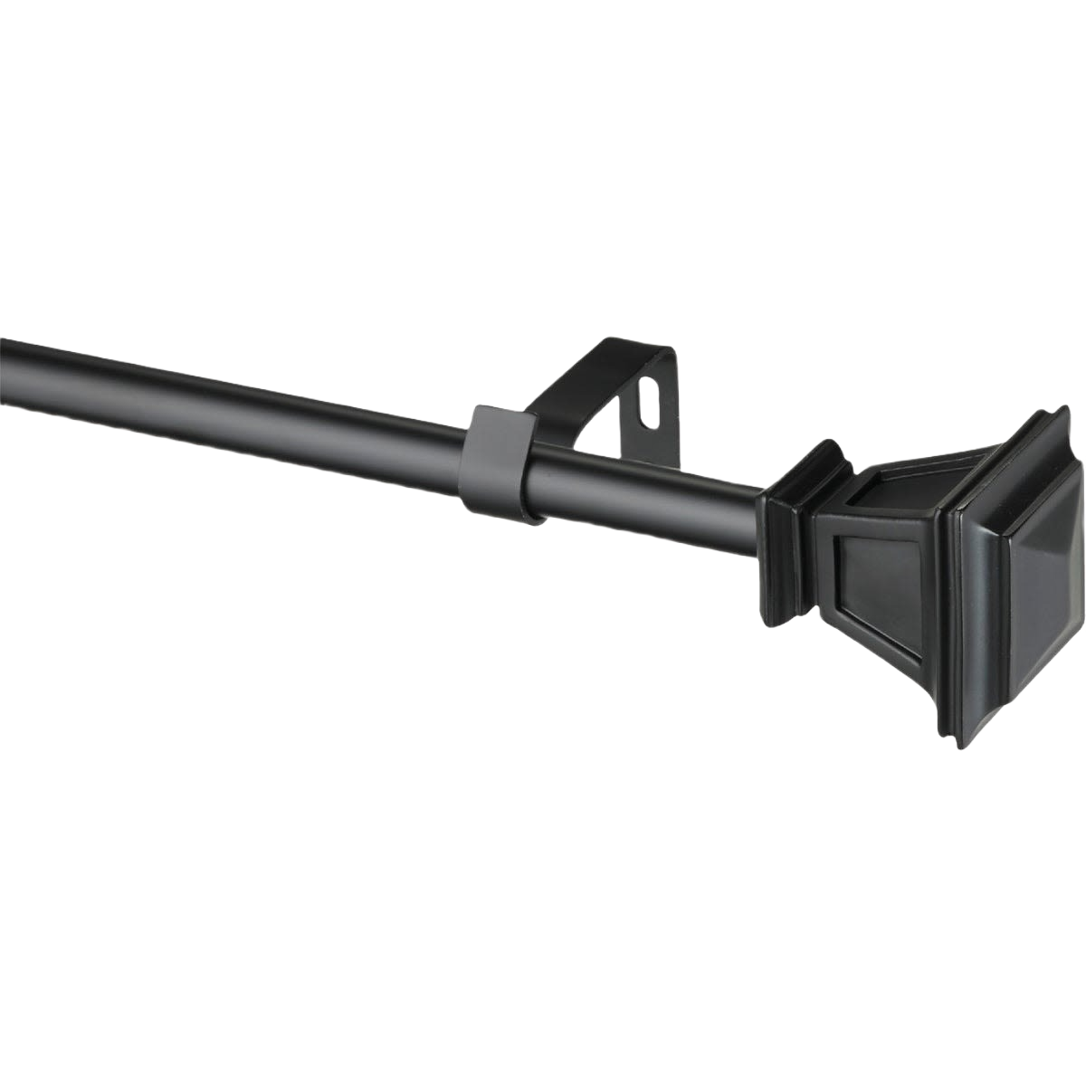 Matte black curtain rod with decorative square finial and wall mounting bracket for home improvement projects