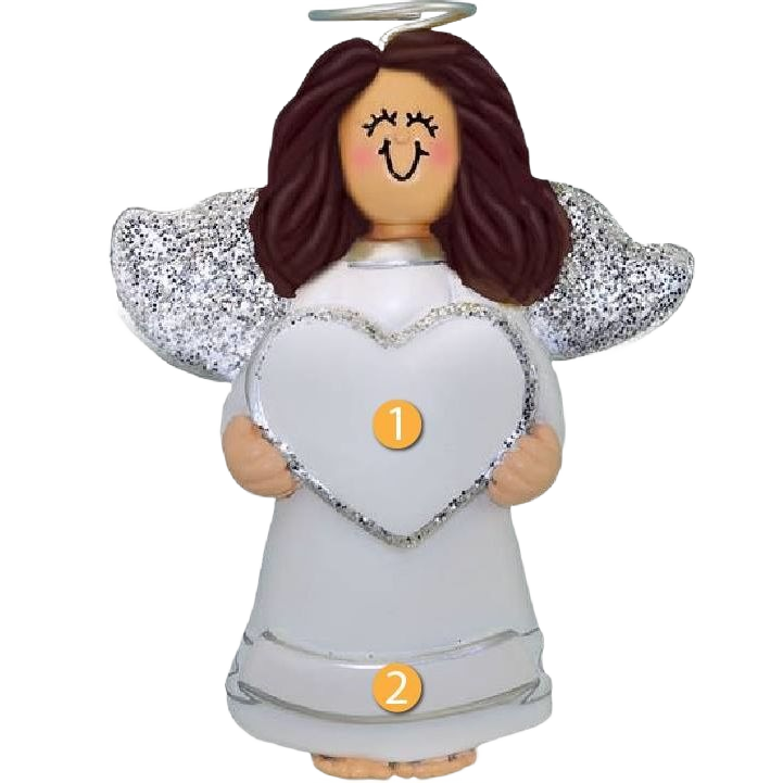 Brunette female angel ornament holding glittery heart with silver wings for Christmas tree decoration under $50 collection