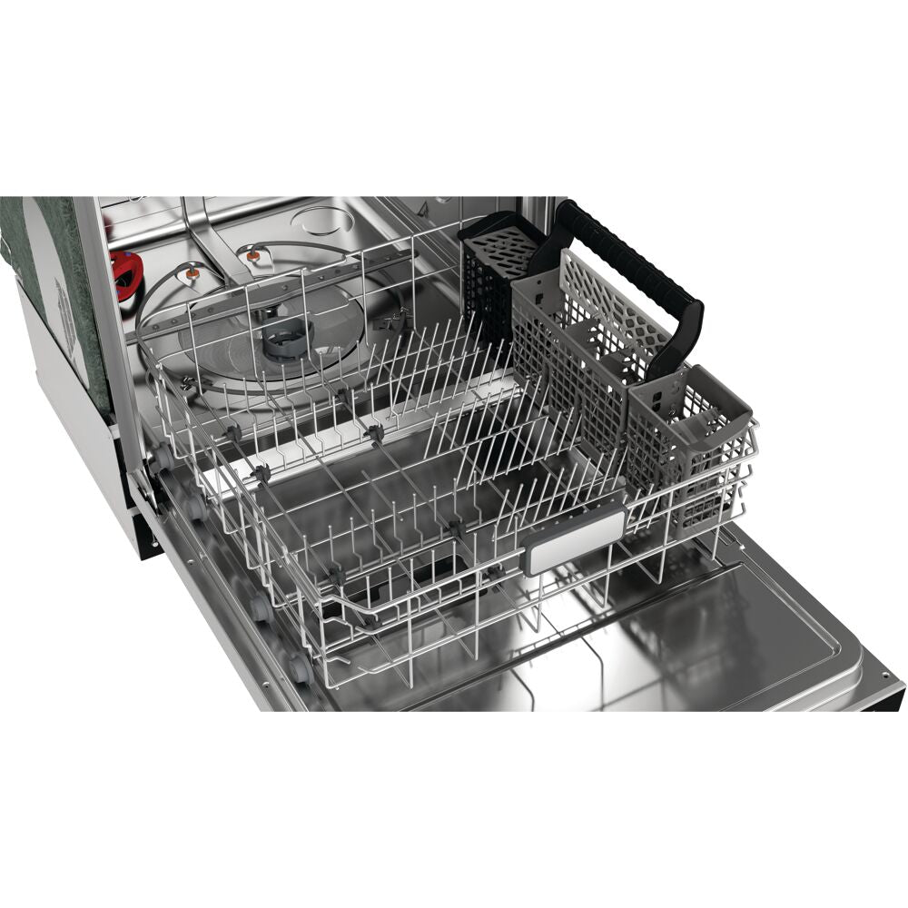 Open stainless steel dishwasher interior showing empty racks and cutlery basket for kitchen appliances collection