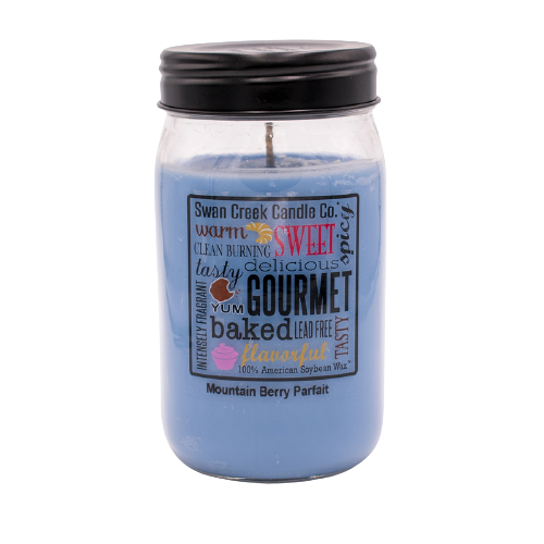 Blue pantry jar candle with black lid and gourmet-themed label in Home Accents and Decor collections