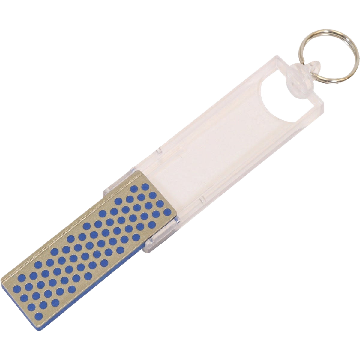 Portable coarse diamond sharpening stone with blue grit surface and clear protective case with keyring attachment