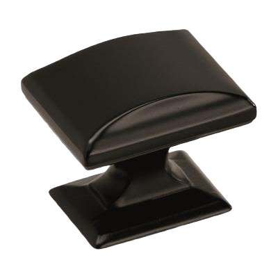 Square black bronze cabinet knob with smooth curved edges for furniture hardware and home improvement projects