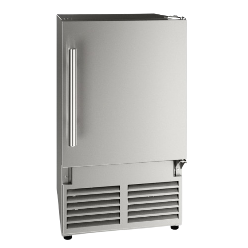 Stainless steel ice maker with reversible hinge, compact 14-inch design for kitchen and appliance collections