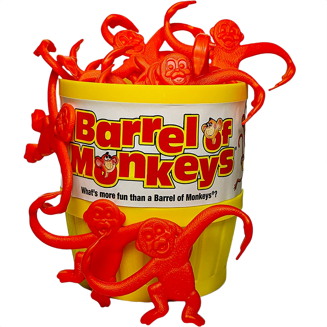 Yellow container filled with bright orange plastic monkeys for classic tabletop game play and entertainment