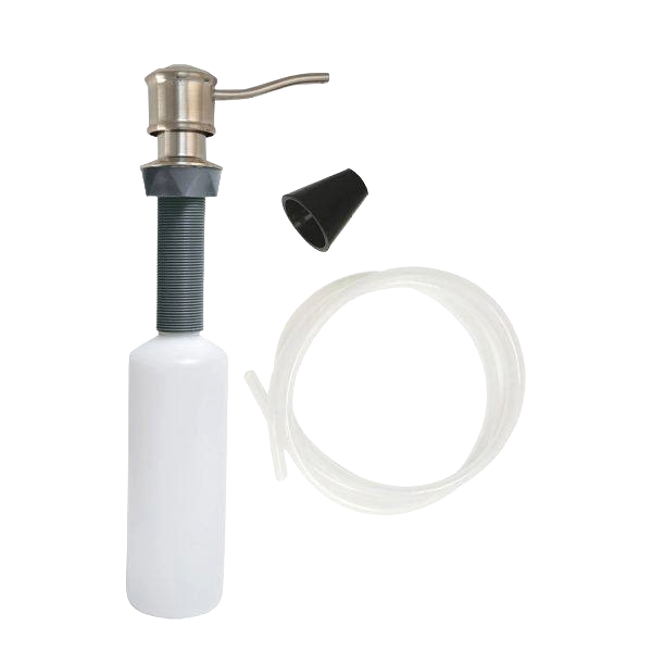 Brushed nickel soap dispenser with curved nozzle, plastic reservoir, hose, and mounting hardware for plumbing repair.