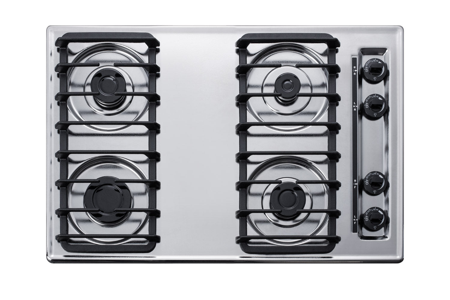 Stainless steel 30-inch cooktop with four gas burners and ergonomic black control knobs for home cooking tasks
